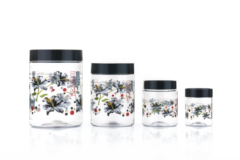 Entisia Kitchen Storage Box - Floral Printed Plastic jar containers with Lid & Spoon, 1200ml, 650ml, 350ml & 250ml Food Storage Dabba Boxes for Pulses, Snacks, Spices & Dry Fruits (Black,24) - Image 4