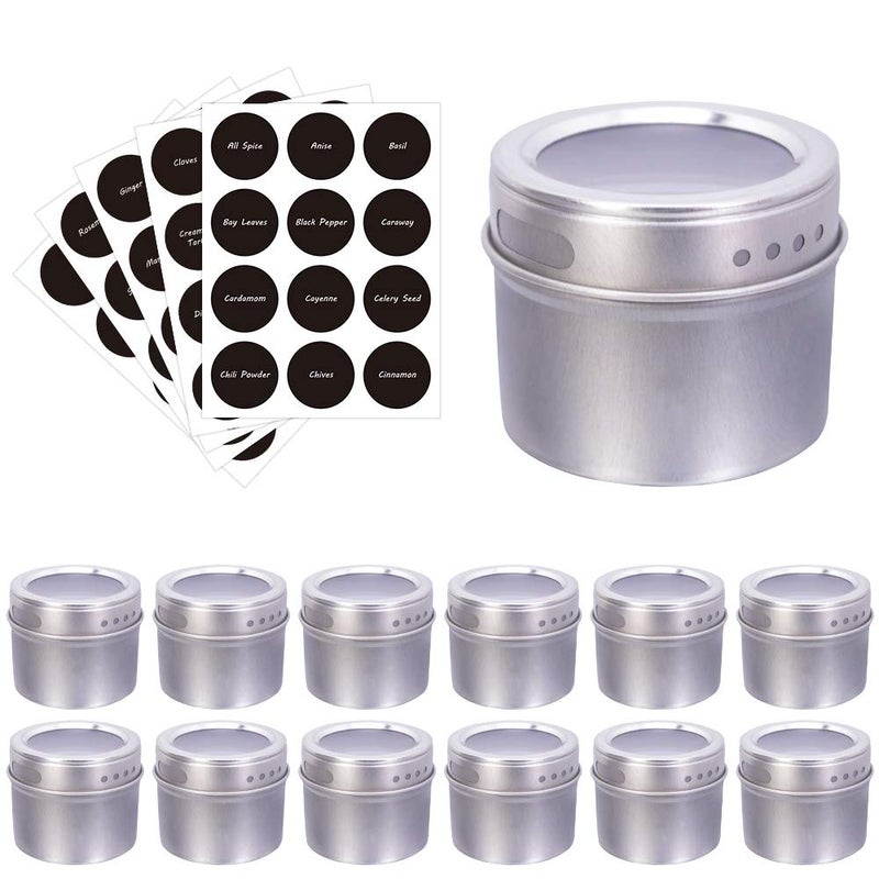 Magnetic Spice Tins  Labels Storage Spice Containers Window Top wSiftPour 12 Jars 48 Preprinted and 12 Blank Labels