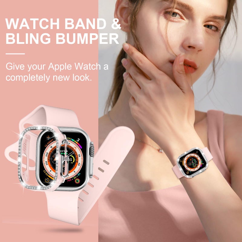 XYF Compatible for Pink Apple Watch Ultra 3 Bands 49mm Women with Bumper Case, Soft Silicone Strap Glitter Bling Face Cover for iWatch SE Ultra 3 2 Series 11 10 9 8 7 6 5 4 3 2 1 (Pinksand, 49) - Image 5