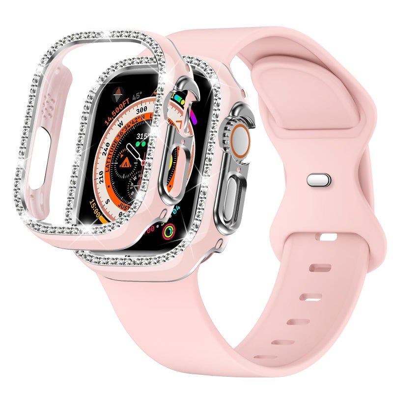 XYF Compatible for Pink Apple Watch Ultra 3 Bands 49mm Women with Bumper Case, Soft Silicone Strap Glitter Bling Face Cover for iWatch SE Ultra 3 2 Series 11 10 9 8 7 6 5 4 3 2 1 (Pinksand, 49) - Image 1
