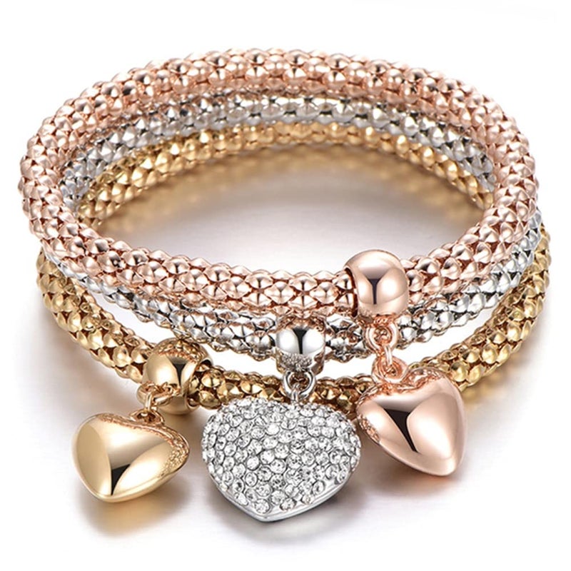 SILANER Crystal Charms Multilayer Bracelets - 3PCS Gold/Silver/Rose Gold Corn Chain Bracelet for Women, Tree of Life Heart Shaped Stretch Bracelet (12 PCS) - Image 2