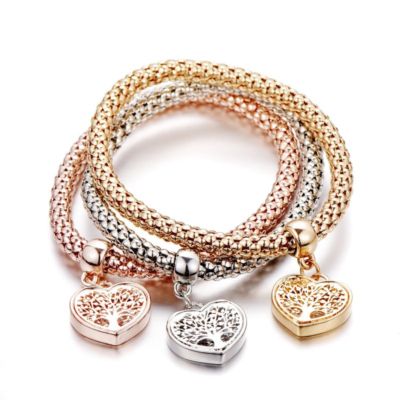 SILANER Crystal Charms Multilayer Bracelets - 3PCS Gold/Silver/Rose Gold Corn Chain Bracelet for Women, Tree of Life Heart Shaped Stretch Bracelet (12 PCS) - Image 4