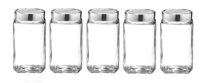 Glass Jar with Lid, Glass Container for Kitchen, Cube Glass jar For Spice Masala herbs, 2000 ml, pack of 5