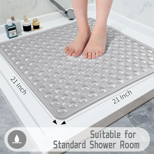 Yimobra Shower Bathtub Mat Non Slip, 21x21 Inch, Soft Square Bath for Tub with Suction Cups and Drain Holes, Stall Floor Mats Bathroom, Machine Washable, Bathroom Accessories, Clear Gray - Image 5