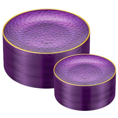 ISFANGCO 72Pcs Purple Plastic Plates with Gold Rim, Purple Disposable Plates, Clear Hammered Party Plate Includes 36 10.25" Dinner and 36 7.5" Dessert Plates for Party Wedding - Image 1