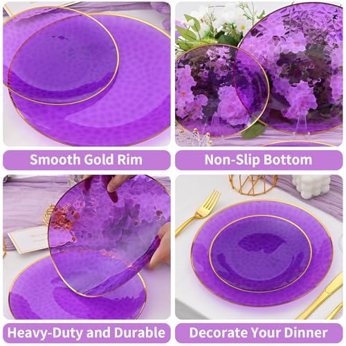 ISFANGCO 72Pcs Purple Plastic Plates with Gold Rim, Purple Disposable Plates, Clear Hammered Party Plate Includes 36 10.25" Dinner and 36 7.5" Dessert Plates for Party Wedding - Image 5