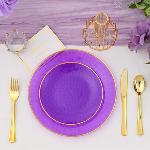 ISFANGCO 72Pcs Purple Plastic Plates with Gold Rim, Purple Disposable Plates, Clear Hammered Party Plate Includes 36 10.25" Dinner and 36 7.5" Dessert Plates for Party Wedding - Image 3