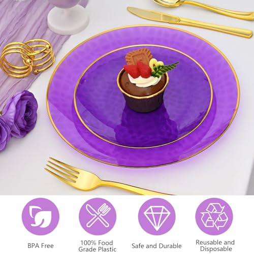 ISFANGCO 72Pcs Purple Plastic Plates with Gold Rim, Purple Disposable Plates, Clear Hammered Party Plate Includes 36 10.25" Dinner and 36 7.5" Dessert Plates for Party Wedding - Image 4