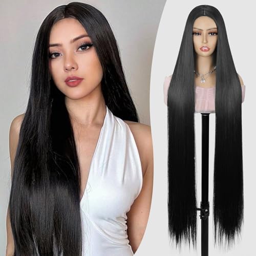 Creamily 40" Long Black Straight Full Head Hair Wig for Woman, Synthetic Wigs for Women Full Head Natural, Ladies Women Hair Wig For Weddings/Festivals/Daily Use (Black, 40 Inch) - Image 1