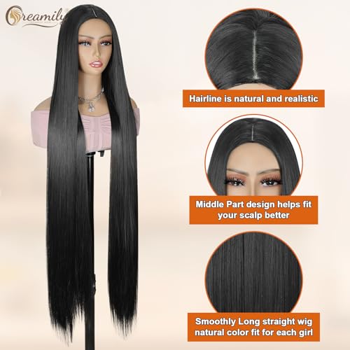 Creamily 40" Long Black Straight Full Head Hair Wig for Woman, Synthetic Wigs for Women Full Head Natural, Ladies Women Hair Wig For Weddings/Festivals/Daily Use (Black, 40 Inch) - Image 3
