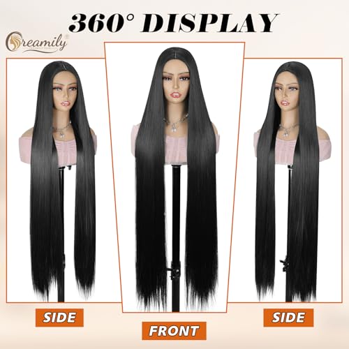 Creamily 40" Long Black Straight Full Head Hair Wig for Woman, Synthetic Wigs for Women Full Head Natural, Ladies Women Hair Wig For Weddings/Festivals/Daily Use (Black, 40 Inch) - Image 5