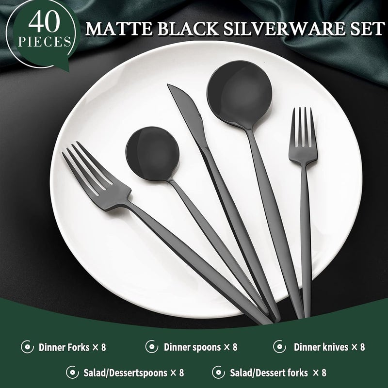 CEKEE 40-Piece Matte Black Silverware Set for 8, Stainless Steel Flatware Cutlery Set, Cutlery Kitchen Utensils Set for Home Restaurant Apartment, Include Knife Forks and Spoons Silverware Set - Image 2