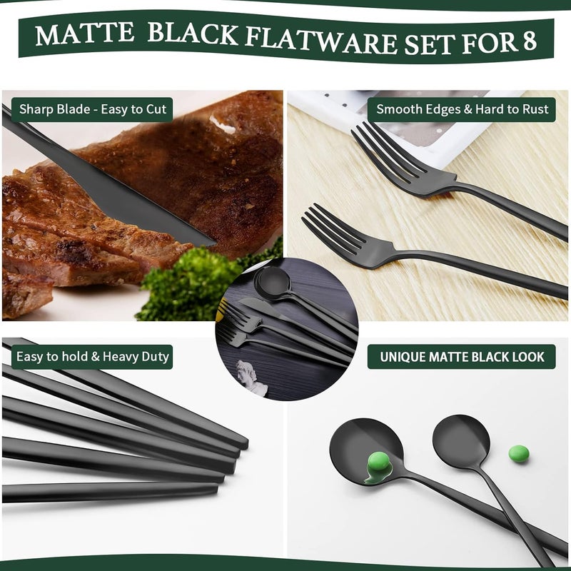 CEKEE 40-Piece Matte Black Silverware Set for 8, Stainless Steel Flatware Cutlery Set, Cutlery Kitchen Utensils Set for Home Restaurant Apartment, Include Knife Forks and Spoons Silverware Set - Image 5
