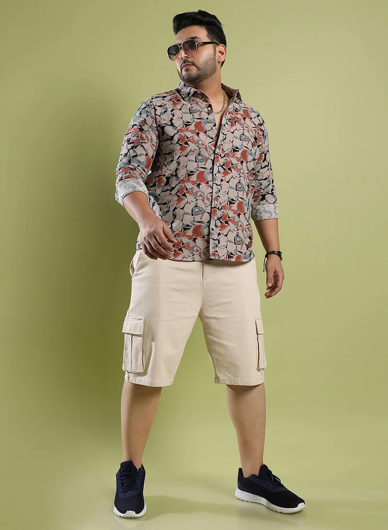 Instafab Plus Instafab Plus Men's Beige & Brown Artistic Floral Cluster Shirt For Casual Wear | Spread Collar | Long Sleeve | Button Closure | Cotton Shirt Crafted With Comfort Fit For Everyday Wear