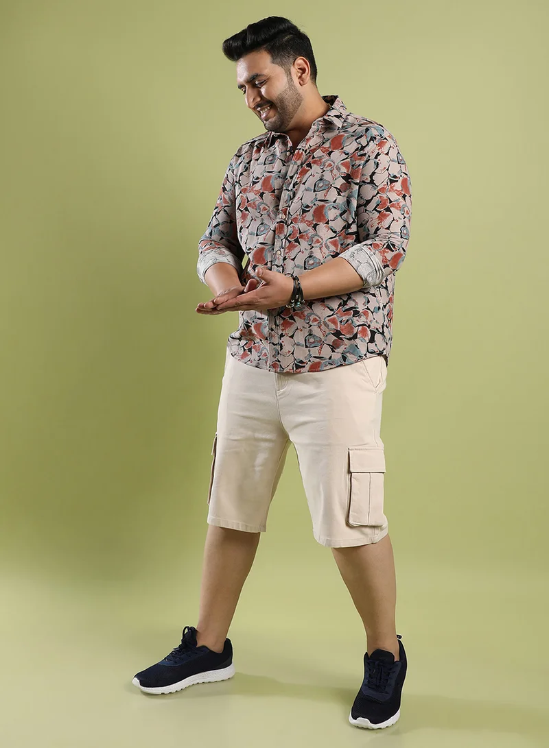 Instafab Plus Instafab Plus Men's Beige & Brown Artistic Floral Cluster Shirt For Casual Wear | Spread Collar | Long Sleeve | Button Closure | Cotton Shirt Crafted With Comfort Fit For Everyday Wear
