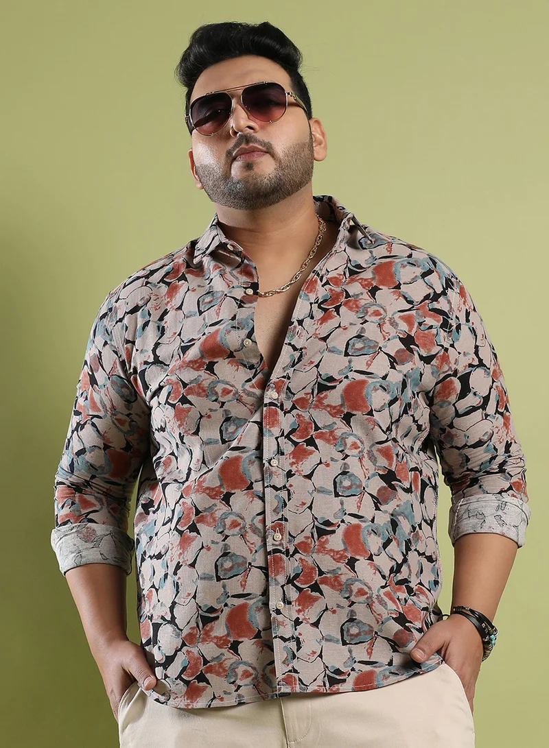 انستافاب بلس Instafab Plus Men's Beige & Brown Artistic Floral Cluster Shirt For Casual Wear | Spread Collar | Long Sleeve | Button Closure | Cotton Shirt Crafted With Comfort Fit For Everyday Wear