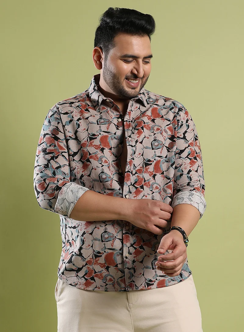 انستافاب بلس Instafab Plus Men's Beige & Brown Artistic Floral Cluster Shirt For Casual Wear | Spread Collar | Long Sleeve | Button Closure | Cotton Shirt Crafted With Comfort Fit For Everyday Wear