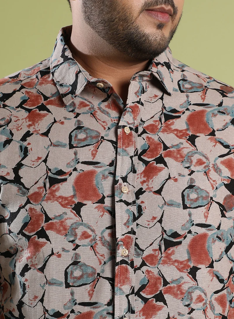 Instafab Plus Instafab Plus Men's Beige & Brown Artistic Floral Cluster Shirt For Casual Wear | Spread Collar | Long Sleeve | Button Closure | Cotton Shirt Crafted With Comfort Fit For Everyday Wear