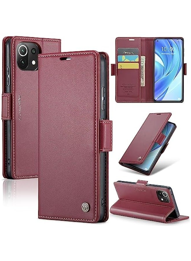 حافظة جلدية لهاتف Xiaomi 11 Lite مع حماية RFID وحامل بطاقات - أحمر - Image 1