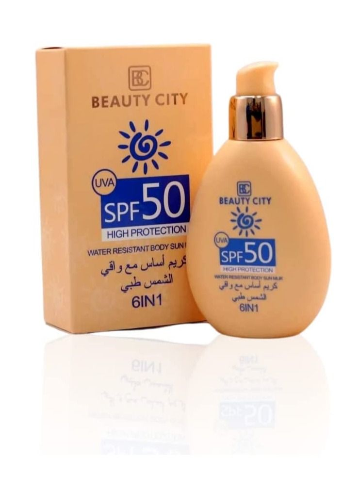 Beauty City 6 in 1 Sun Milk Foundation with SPF50 Water Resistant Cruelty Free Evens Skin Tone and Removes Dark Circles Sand Beige 