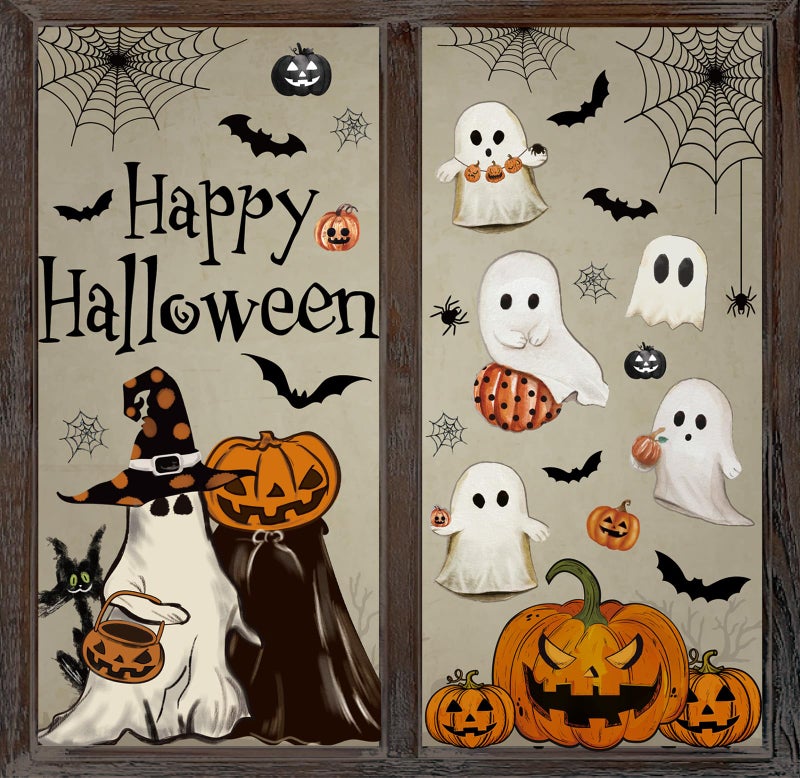 Whaline 6 Sheets Halloween Window Clings Vintage Ghost Evil Pumpkin Bat Reusable Window Decals for Halloween Fall Party Supplies Home Glass Decor