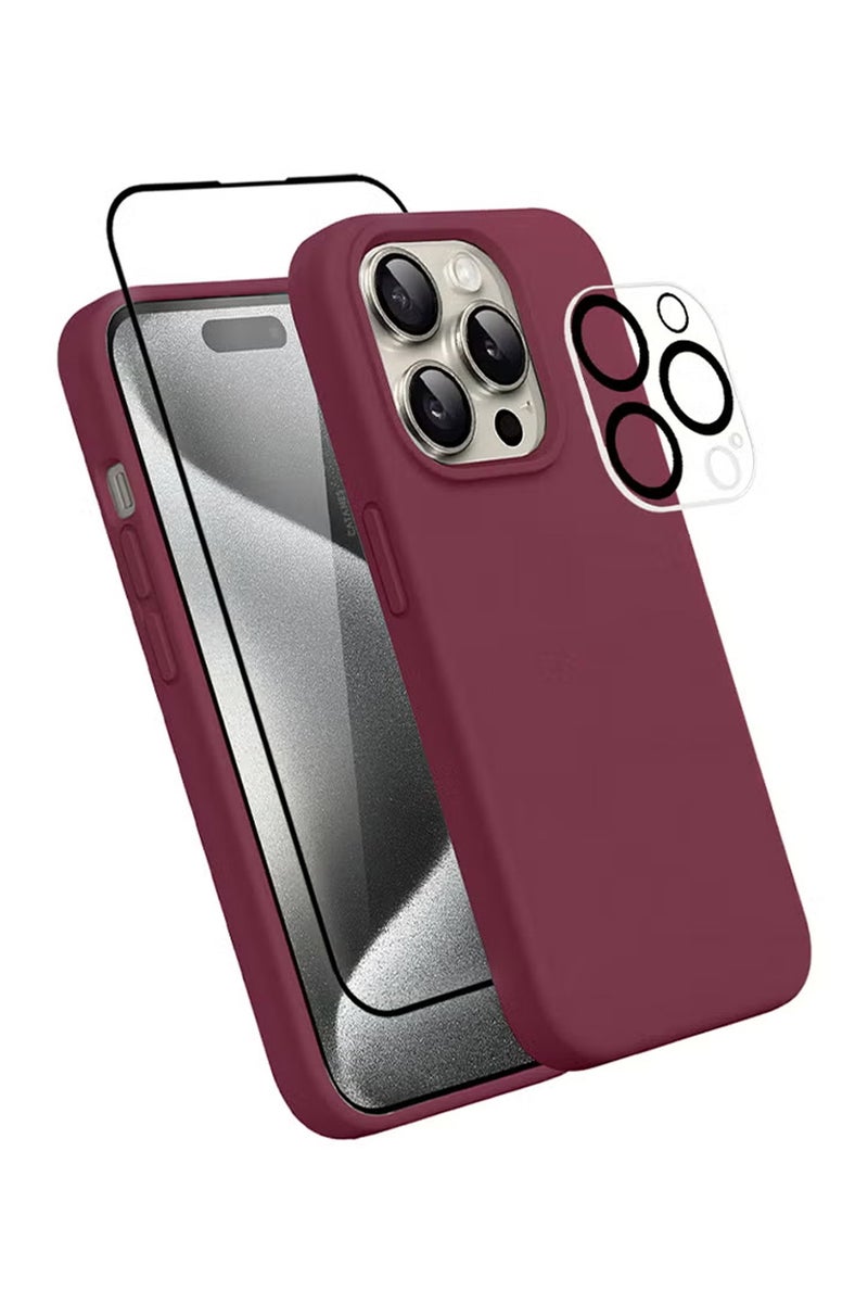 3 مجموعات من واقيات الشاشة وواقيات عدسة الكاميرا لهاتف iPhone 15 Pro Max، غطاء سيليكون متطور مقاوم للصدمات ومضاد للخدش، جراب هاتف واقٍ باللون الأحمر الداكن