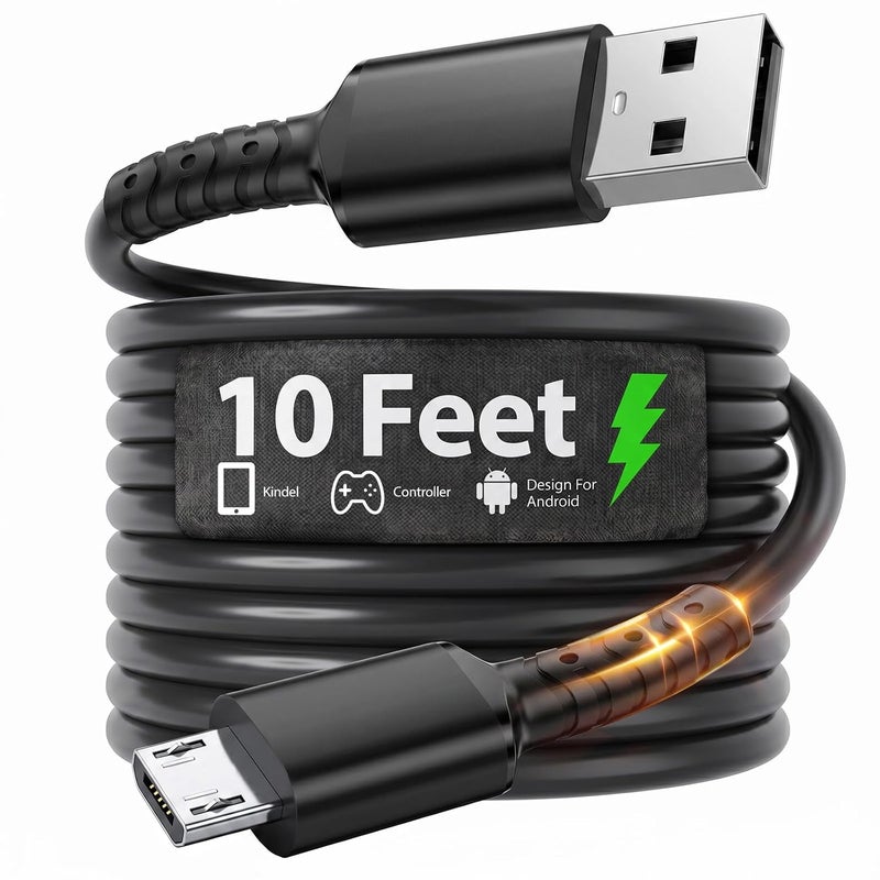 كابل من نوع Micro USB لشحن Fire HD 10 وHD 8 اللوحي وجهاز تحكم PS4 وهاتف Moto ومكبر صوت Mini Stick، كابل شحن PS4 لشاحن Sony السريع لأجهزة Android ولقارئ Kindle Oasis الإلكتروني (أسود، 10 أقدام). - Image 1