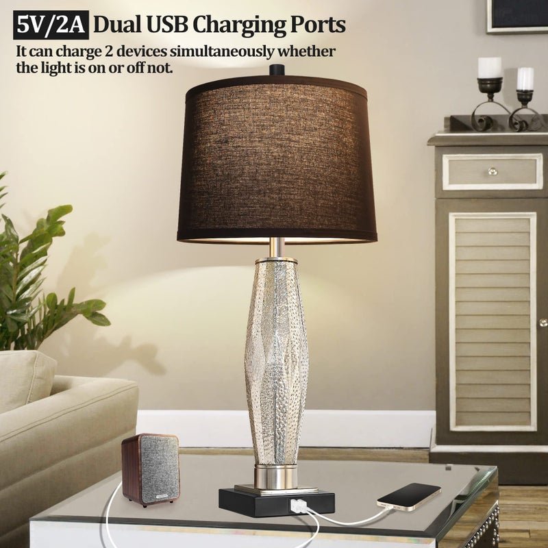 QiMH Table Lamps Set of 2, Bedroom Lamp with USB A+C Charging Ports, Modern Glass Beside Lamps for Living Room Rotary Switches, Black Nightstand Lamp Home Lights Decor (LED Bulbs Included) - Image 4