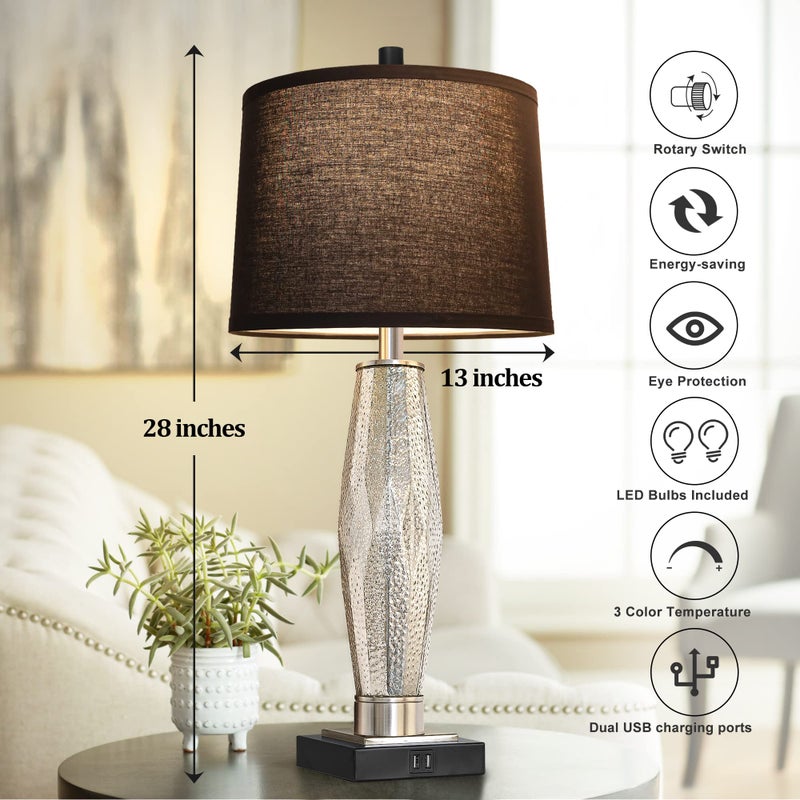QiMH Table Lamps Set of 2, Bedroom Lamp with USB A+C Charging Ports, Modern Glass Beside Lamps for Living Room Rotary Switches, Black Nightstand Lamp Home Lights Decor (LED Bulbs Included) - Image 3
