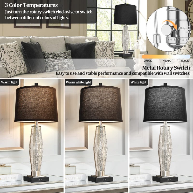 QiMH Table Lamps Set of 2, Bedroom Lamp with USB A+C Charging Ports, Modern Glass Beside Lamps for Living Room Rotary Switches, Black Nightstand Lamp Home Lights Decor (LED Bulbs Included) - Image 2