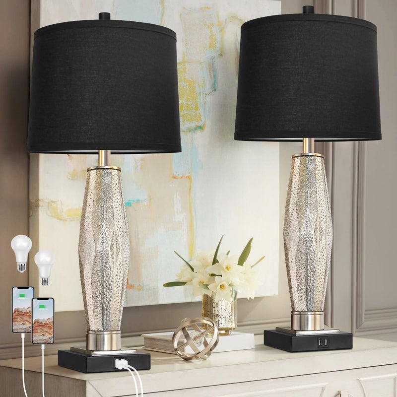 QiMH Table Lamps Set of 2, Bedroom Lamp with USB A+C Charging Ports, Modern Glass Beside Lamps for Living Room Rotary Switches, Black Nightstand Lamp Home Lights Decor (LED Bulbs Included) - Image 1