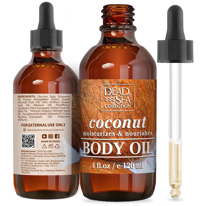 Dead Sea Collection Body Oil with Coconut  Dry Skin Moisturizer and Hydrating Massage Oil  Nourishing Bath  Increase Skin Elasticity and Provide AntiAging Support for Face and Body 4 floz