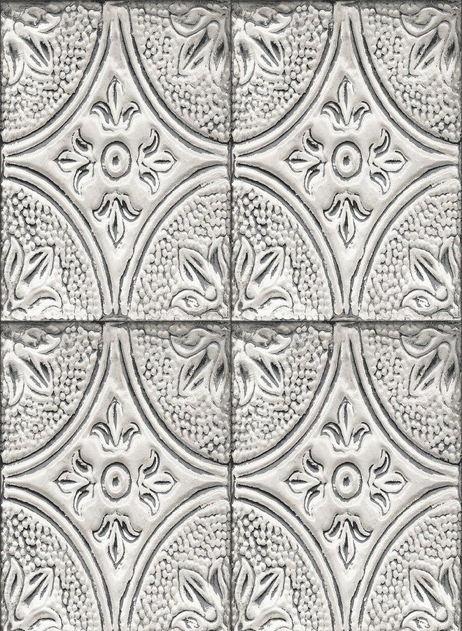 ReWallpaper ورق جدران ReWallpaper من بلاط القصدير المتهالك، قابل للإزالة واللصق، بلون أبيض عتيق، قابل للإزالة، من القصدير الأبيض، مناسب للمطبخ والحمام، ورق جدران مقاوم للماء، من الفينيل، مقاس 17.5 بوصة × 10 أقدام - Image 1