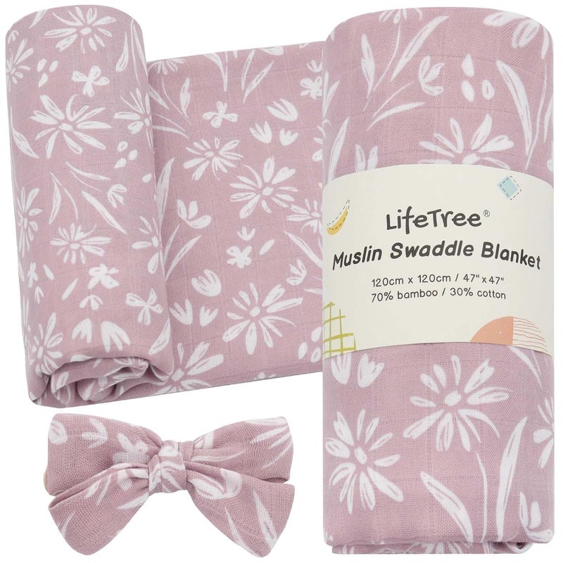 LifeTree Baby Swaddle Blanket and Bow Set Mauve Floral Muslin Newborn Swaddle Set with Matching Headband Bow Infant Receiving Blanket Wrap 47 x 47 inches 70 Viscose from Bamboo and 30 Cotton - Image 1