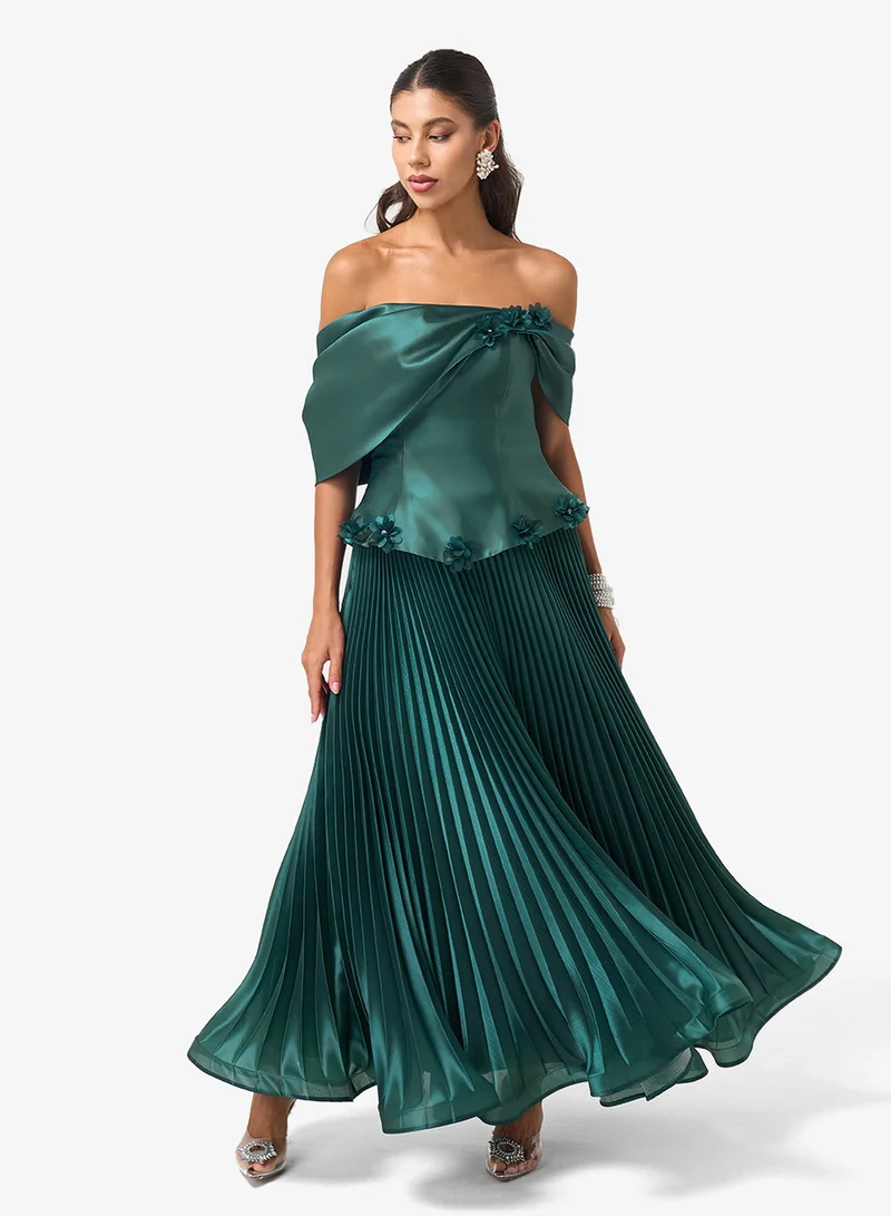 Threadz by Ajooni  Off Shoulder Plisse Maxi Dress for Women | Best Price UAE