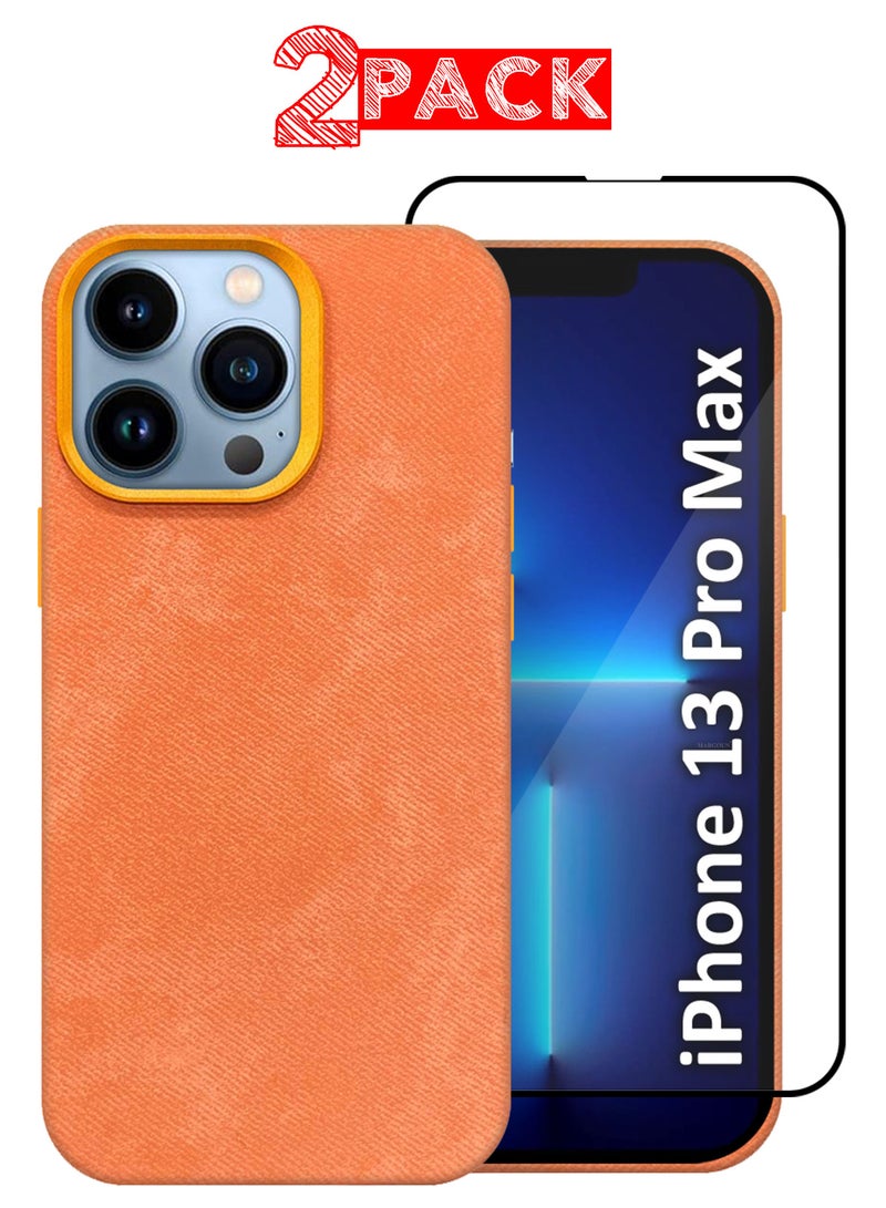 CATANES 2Packs iPhone 13 Pro Max Alcantara Case Cover Premium Quality Luxurious Soft Touch Protection with Metal Camera Frame with a 3D Screen Protector - Orange  - Image 1