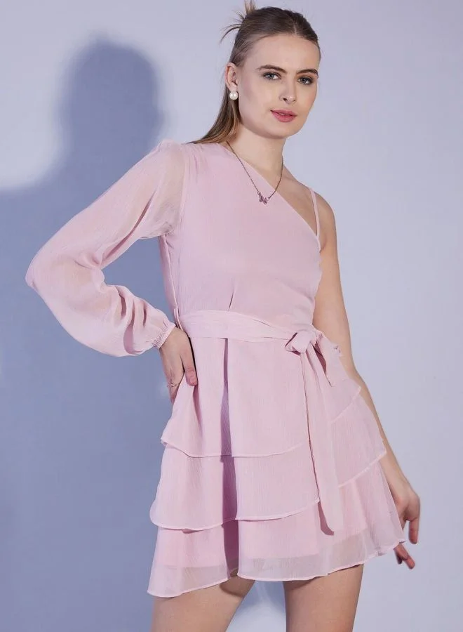Freehand Women Fit and Flared Solid One Shoulder Long Sleeve One Shoulder Dress