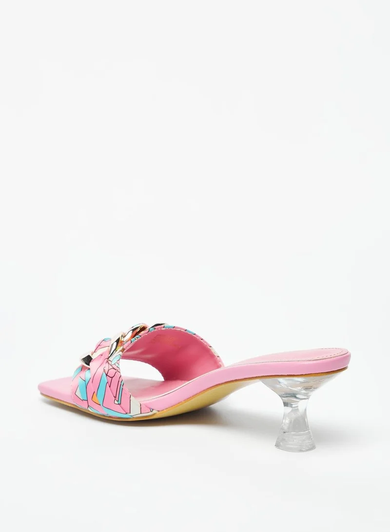 Flora Bella Printed Slip-On Slide Sandals with Chain Detail and Spool Heels