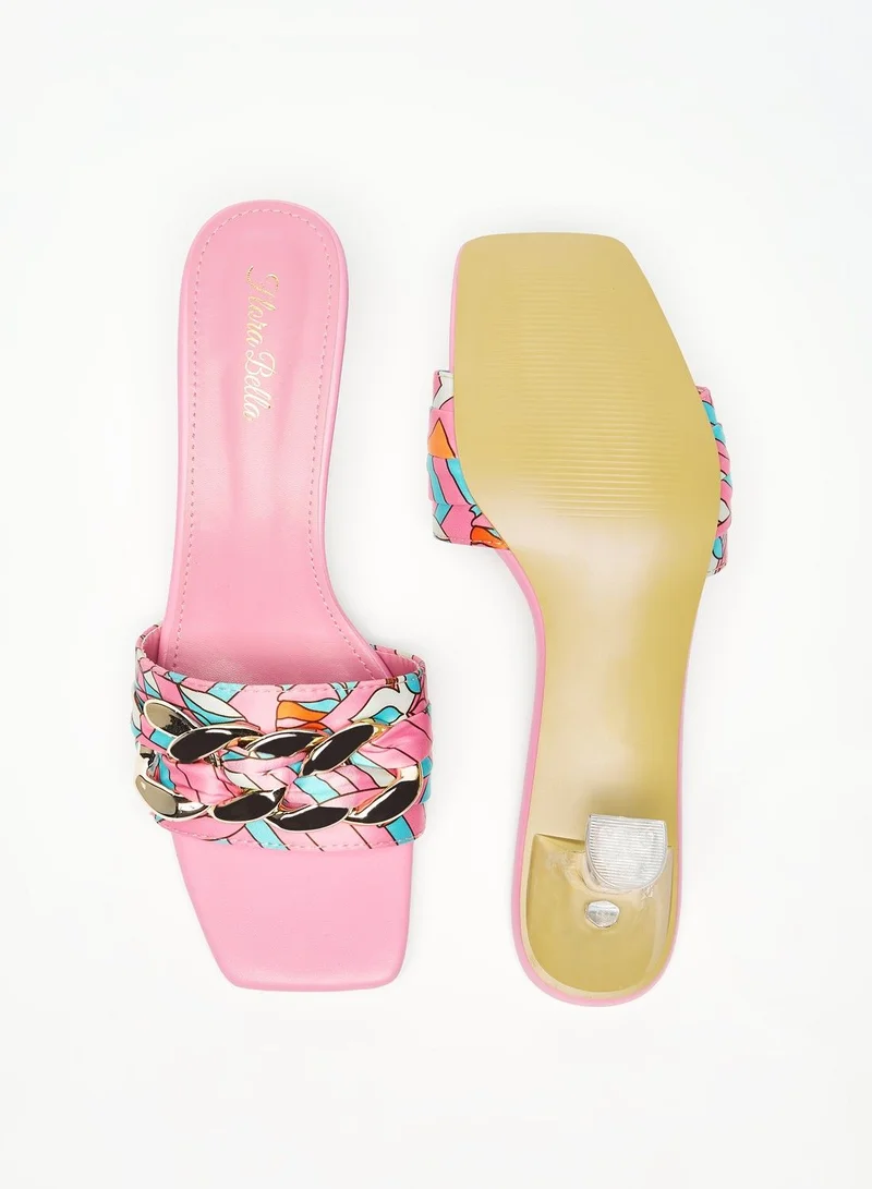 Flora Bella Printed Slip-On Slide Sandals with Chain Detail and Spool Heels