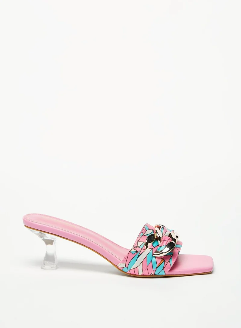 Flora Bella Printed Slip-On Slide Sandals with Chain Detail and Spool Heels