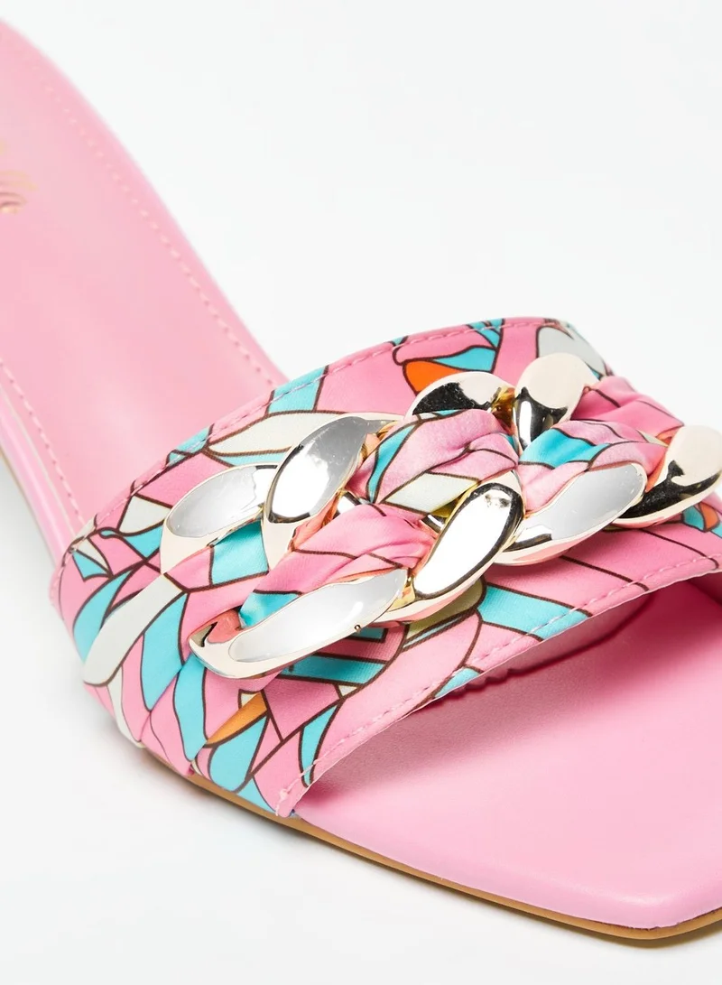 Flora Bella Printed Slip-On Slide Sandals with Chain Detail and Spool Heels