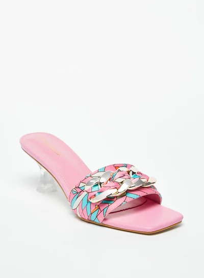 Flora Bella Printed Slip-On Slide Sandals with Chain Detail and Spool Heels