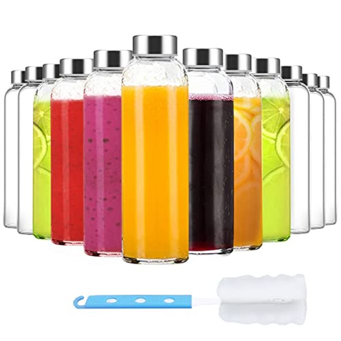 Luxfuel Clear Glass Bottles with Lids 18 oz, Reusable Glass Water Bottles with Stainless Steel Cap for Juicing,Refrigerator,100% Leak Proof, BPA Free, Juice Water Bottle Set of 12