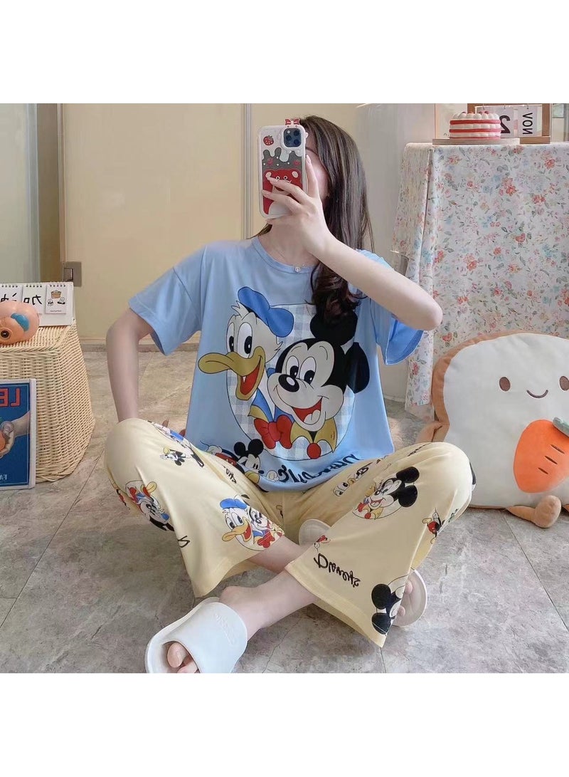 DubaiGallery طقم بيجاما نسائي بأكمام قصيرة من الحرير الساتان مزخرف بأزرار للراحة المنزلية