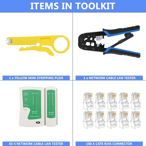 FEDUS RJ45 Crimping Tool Kit - Crimping Machine for Cat6A, Cat5E, Cat5, Ethernet - 100PCS RJ45 Connector, Network Lan Tester, Cut and Strip Tool - Image 2