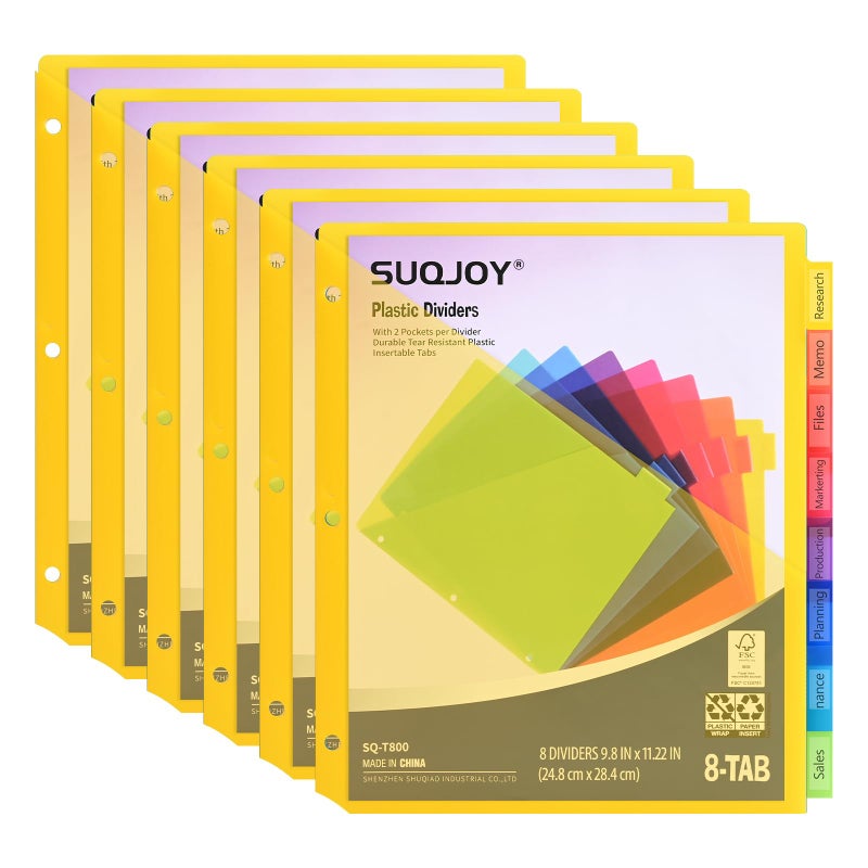 SUQJOY 8-Tab 3 Ring Binder Dividers, 0.5'' Plastic Sheet Protectors for US Letter Size, Assorted Colors, Set of 8 (6 Pack) - Image 1