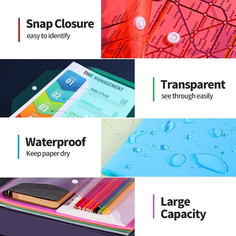 LEOBRO 12 Pack Plastic Envelopes Poly Envelopes, A4 Clear File Bags Document Folders Document Organizers with Snap Button for Document Stationery Tools Organization, in 6 Assorted Colors - Image 3
