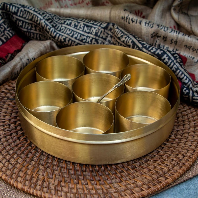 Ambi Home Ambi Home Lotus Pure Brass Spice Box Masala Daani with 7 Spice Containers Inlay Work Perfect For Gifting  - Image 4