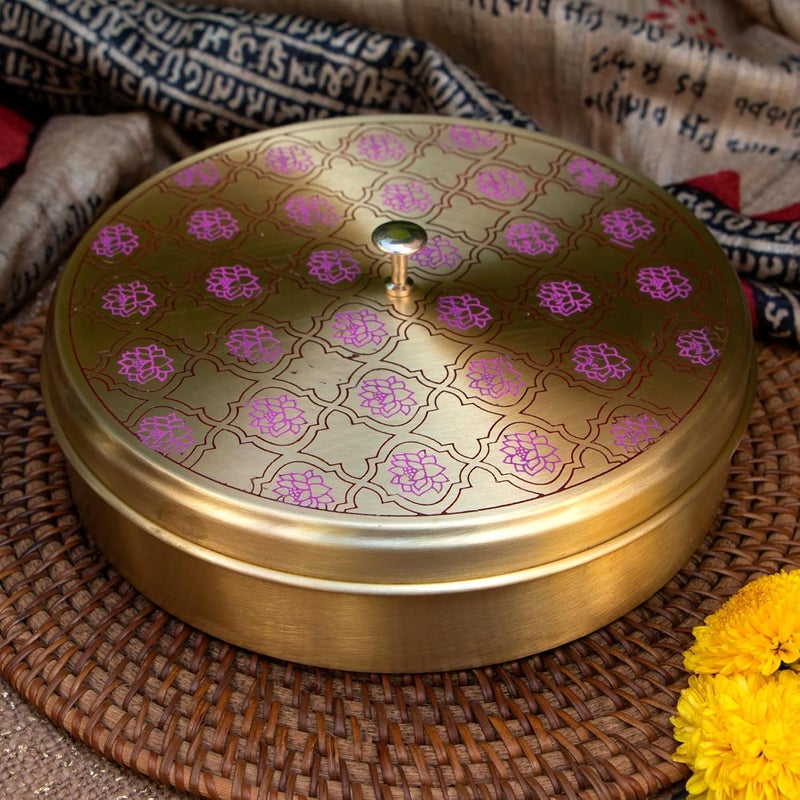 Ambi Home Ambi Home Lotus Pure Brass Spice Box Masala Daani with 7 Spice Containers Inlay Work Perfect For Gifting  - Image 1