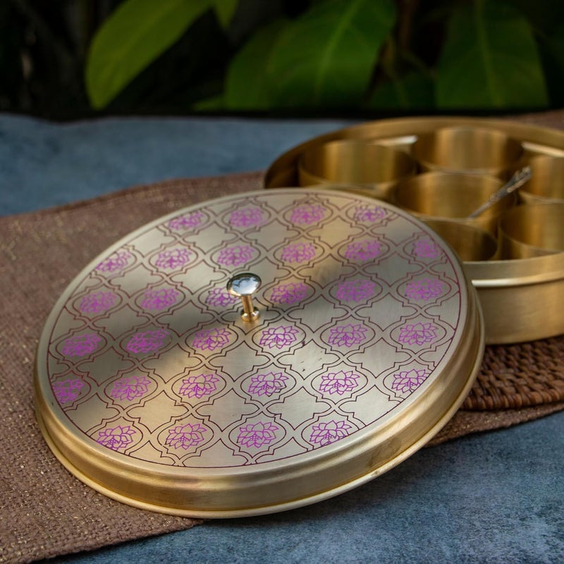 Ambi Home Ambi Home Lotus Pure Brass Spice Box Masala Daani with 7 Spice Containers Inlay Work Perfect For Gifting  - Image 2